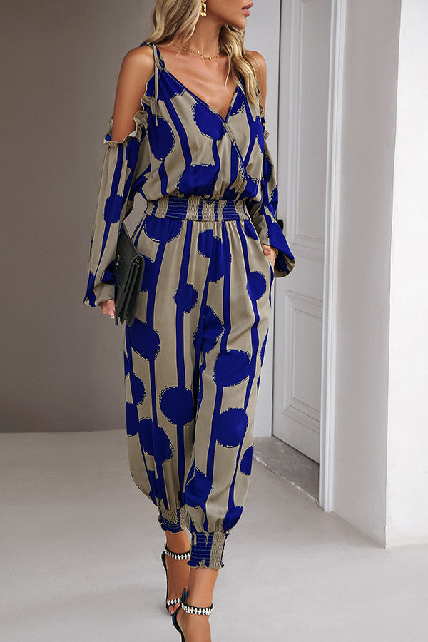 Graphic Print Stretch Waist Tie Long Sleeve Jumpsuit