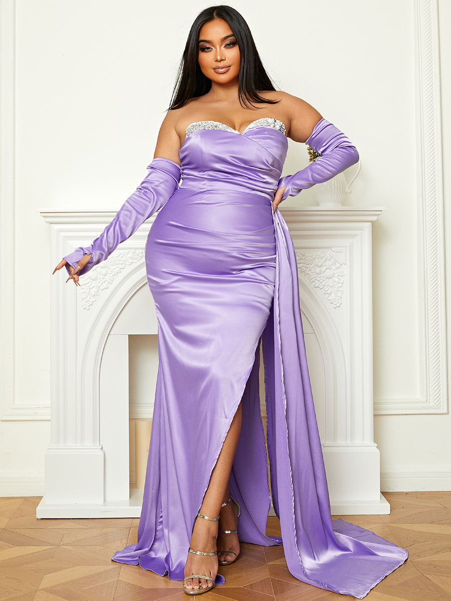 Strapless Slit Satin Floor Length Formal Dress With Gloves XH2211