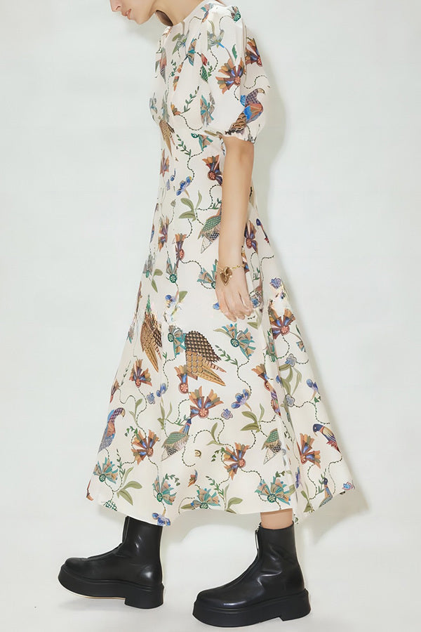 Level Up Floral Heaven Bird Print Puff Sleeve Midi Dress