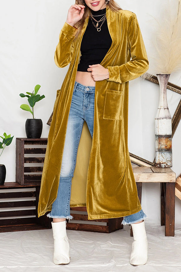 Yellow Velvet Elegant Open Front Pocket Long Cardigan