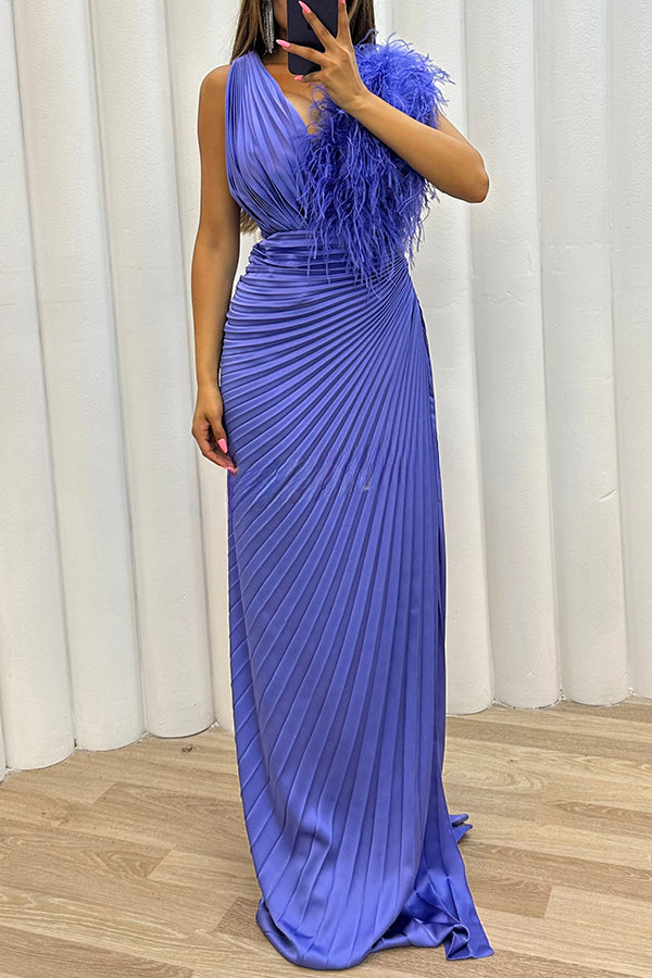 Forever Stunning Pleated Feather Trim Slit Evening Maxi Dress