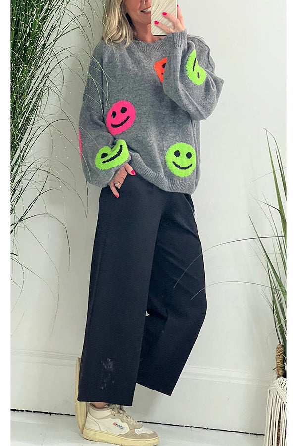 Smiley Face Knit Dropped Shoulders Loose Pullover Sweater