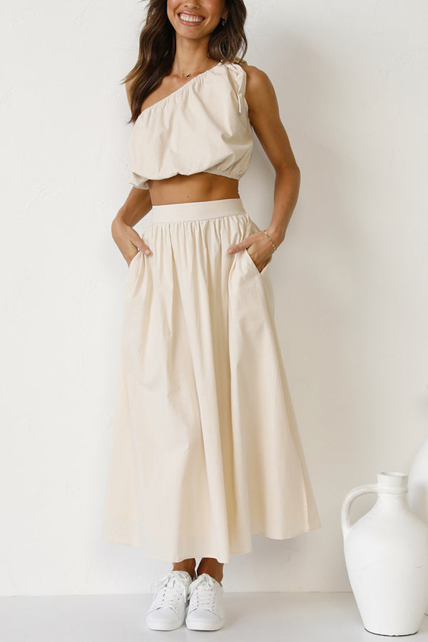 Chasing Sunshine Tie One Shoulder Pocketed Midi Skirt Set