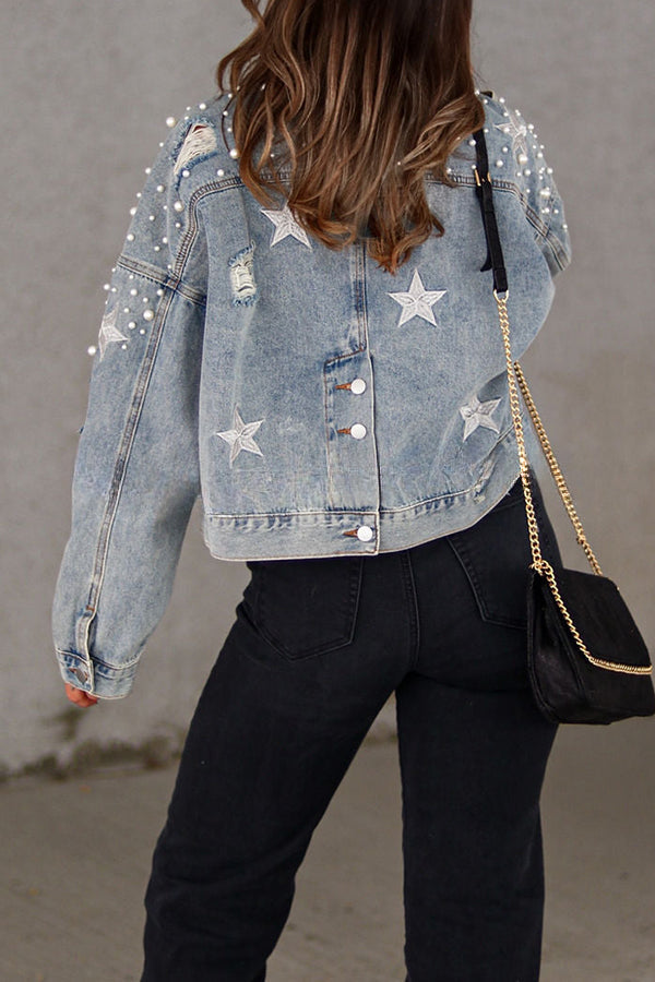 North Star Embellished Beaded Pocketed  Denim Jacket