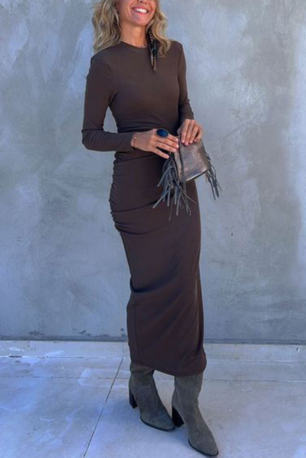 Got Me Smiling Cotton Blend Ruched Long Sleeve Stretch Midi Dress