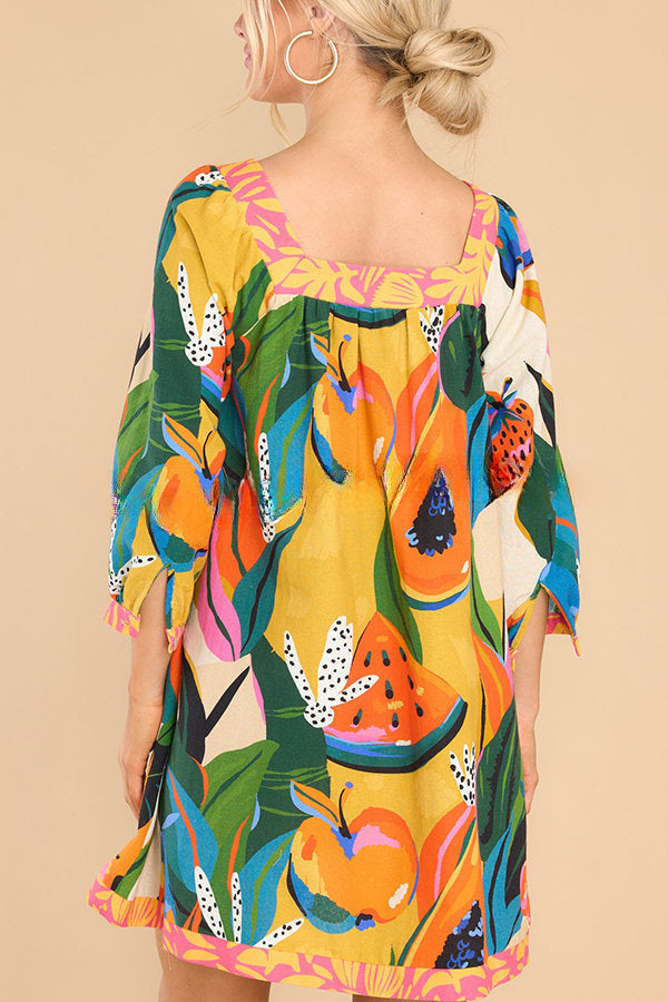 Shining Beauty Linen Blend Tropical Abstract Print Pocketed Mini Dress