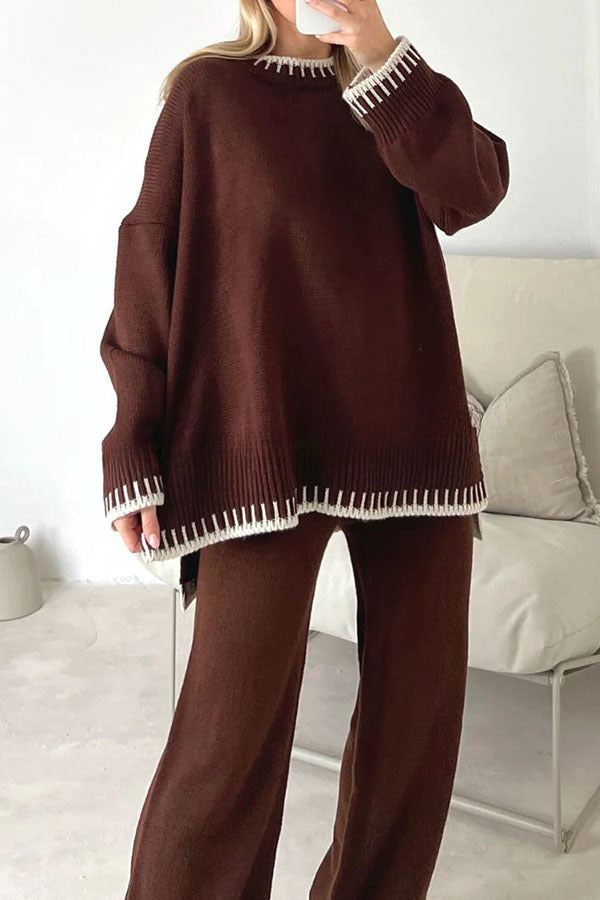 Life Memories Knit Contrast Stitch Trim Pullover Sweater and Stretch Loose Pants Set