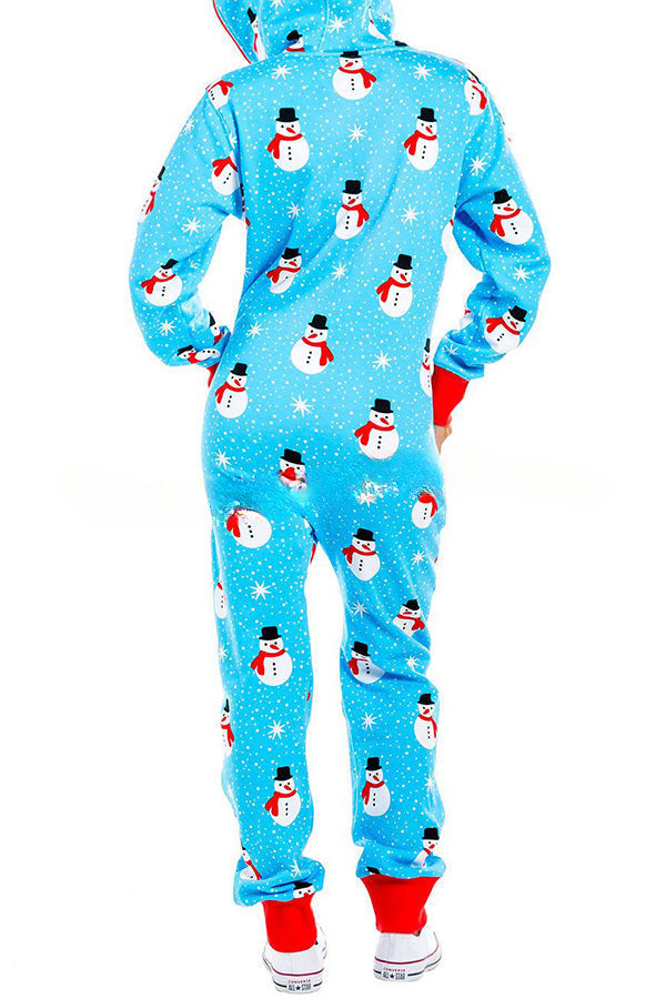 Christmas Print Zipper Pocketed Hooded Loungewear Jumpsuit