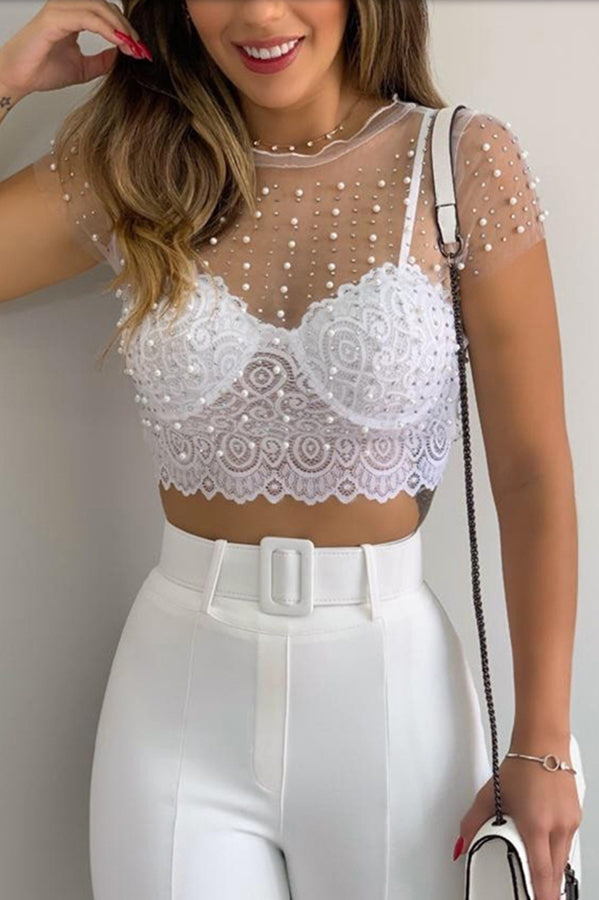 Rhinestone & Pearls Short Sleeve Mesh Crop Top