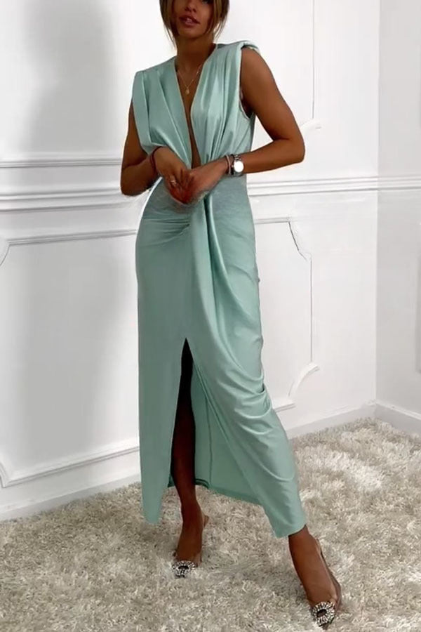 Classic and Sexy Dates V-neck Ruched Drape Slit Midi Dress