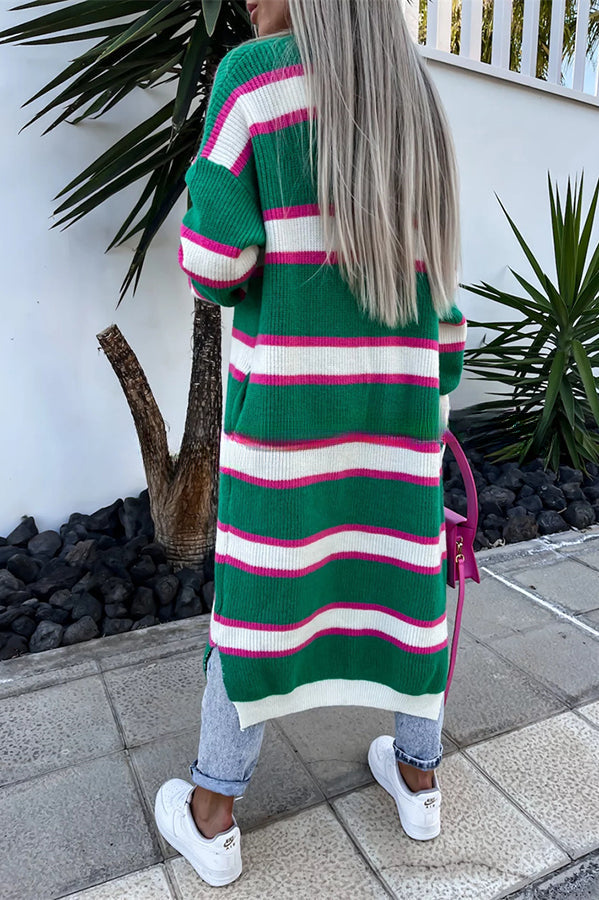 Striped Side Pocket Buttonless Long Sleeve Knit Cardigan