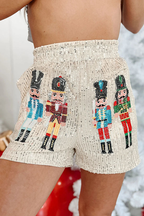 Magic of The Holidays Sequined Nutcracker Stretch Waist Pocket Shorts