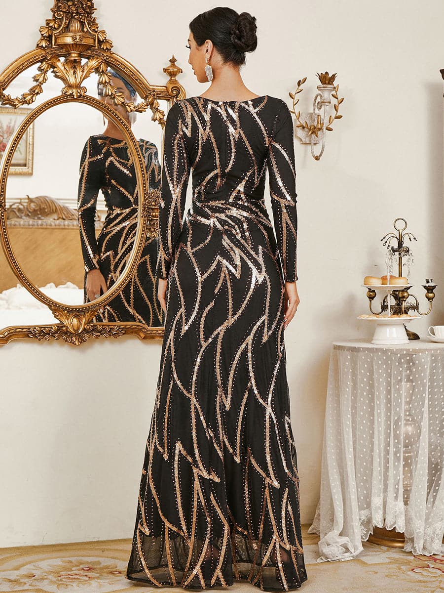 A-Line Long Sleeve Sequin Black Evening Dress XJ1962