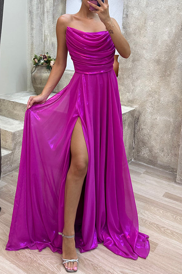 Golden Years Satin Cowl Neck Off Shoulder Pleated Drape Slit Maxi Dress