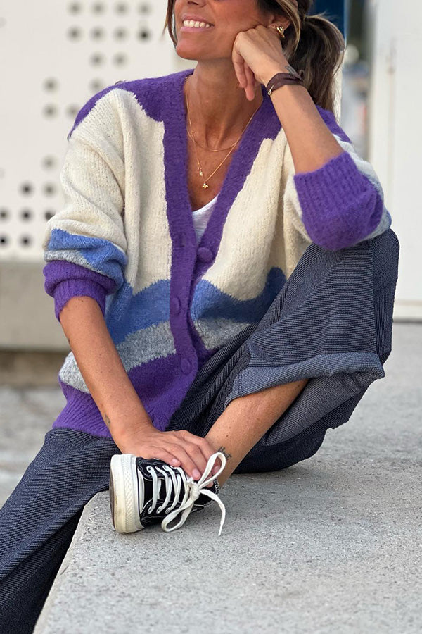 Paneled Color Contrast Lapel Knit Cardigan