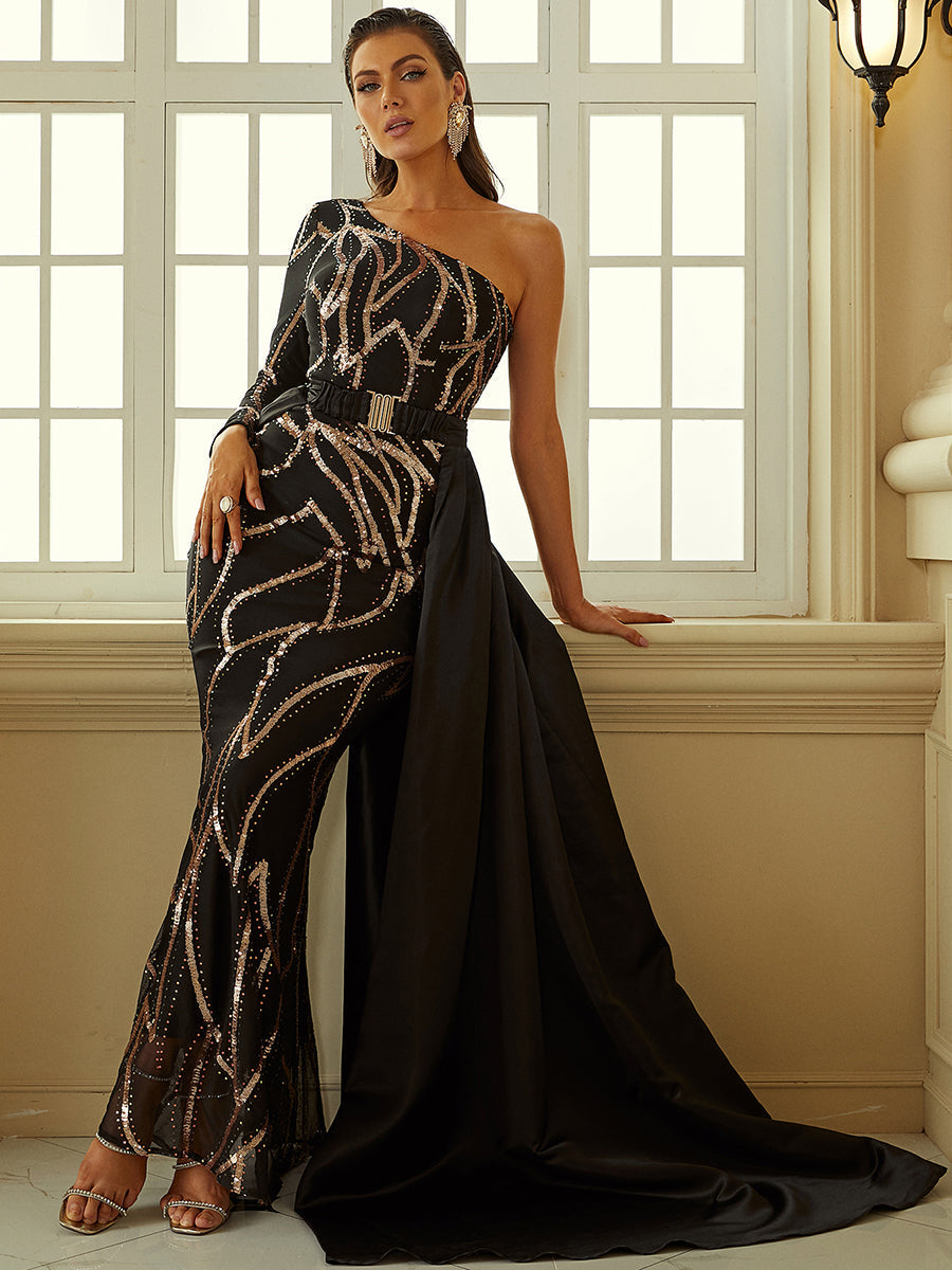 One Shoulder Cloak Sequin Prom Dress XH2172