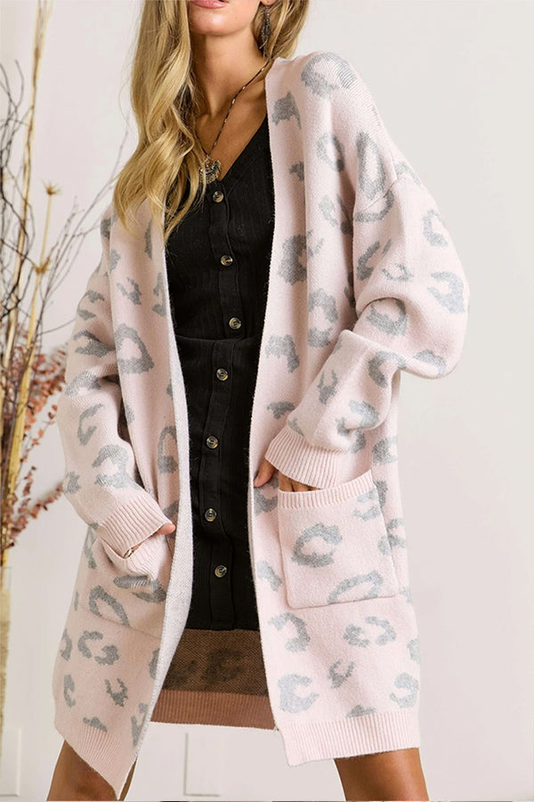 Pink Leopard Side Pockets Open Front Long Cardigan