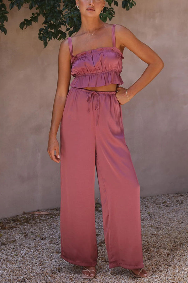 Always Sunny Satin Ruffle Elasticated Top Pant Suits