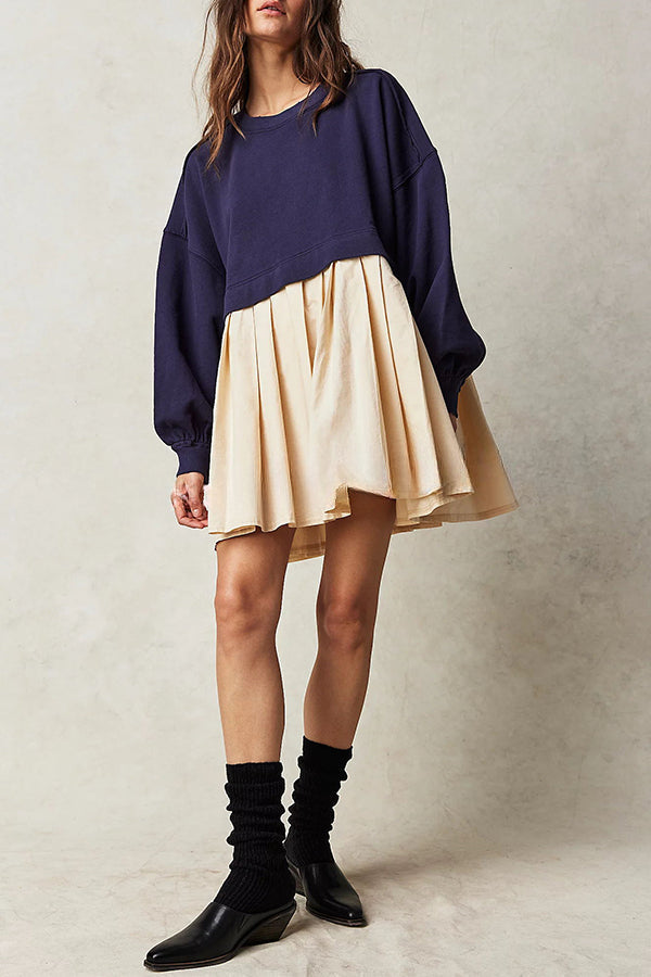 Sweet and Special Exaggerated Pleated Patchwork Sweatshirt A-line Mini Dress