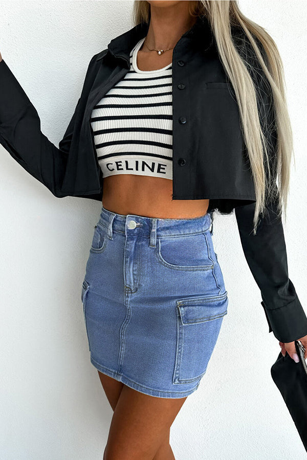 Street Trend Denim Patch Pocket Skirt