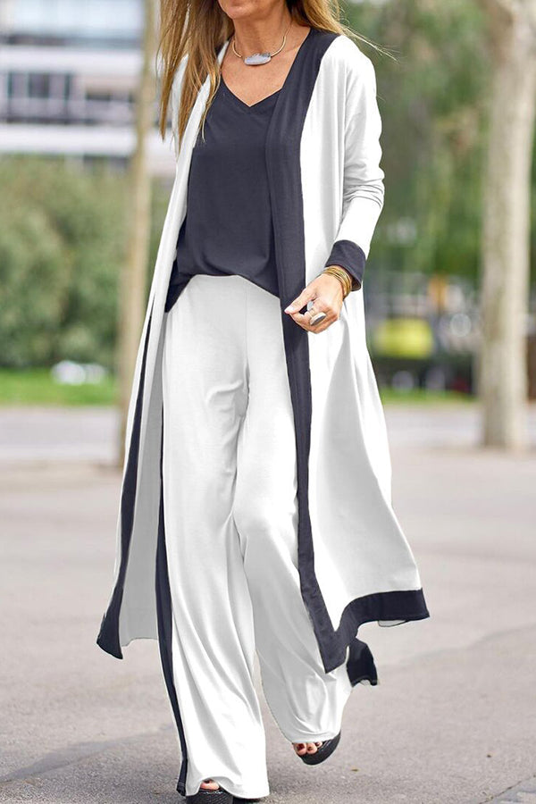 Contrasting Color Sleeveless Vest Long Sleeve Cardigan Jacket Long Pants Three Piece Set