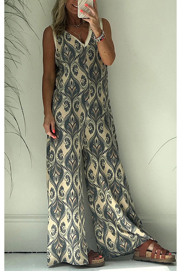 Moroccan Inspired Printed Texture V-neck Loose Jumpsuit