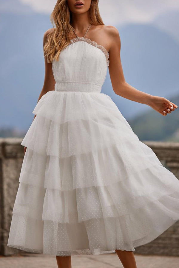 Ames Tulle Sleeveless Halter Neck Open Back Tiered Midi Dress