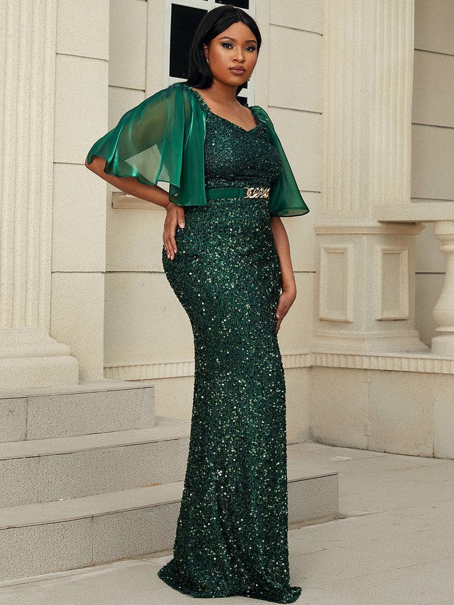 Plus Size Mesh Sleeve Sequin Emerald Green Mermaid Formal Dress PXL007