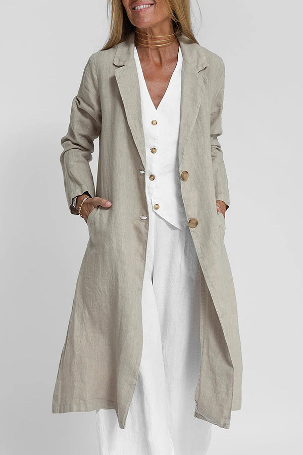 Vintage Linen Blend Pocketed Lightweight Midi Blazer Coat