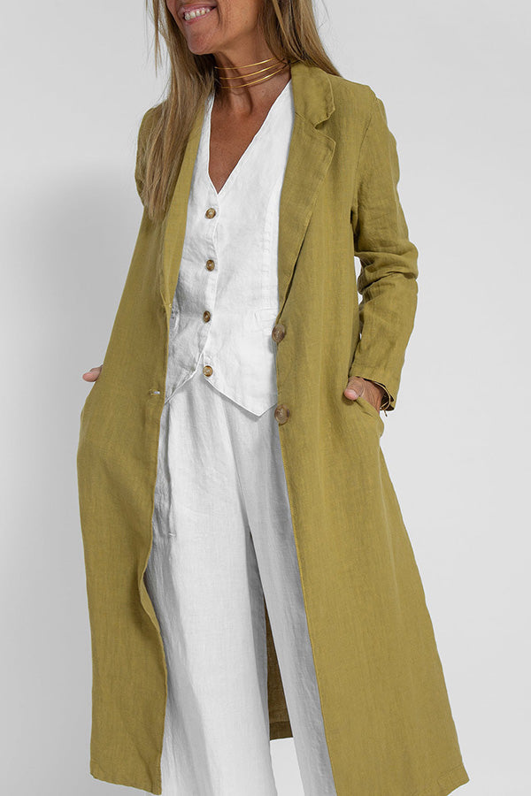 Vintage Linen Blend Pocketed Lightweight Midi Blazer Coat