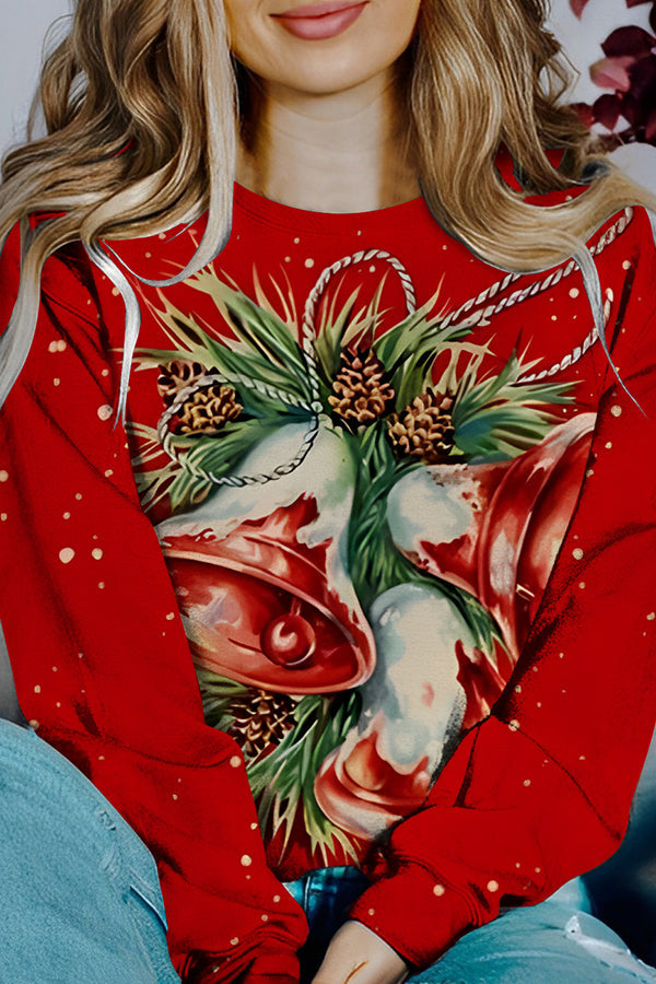 Printed Christmas Contrast Color Long Sleeve Pullover Sweatshirt