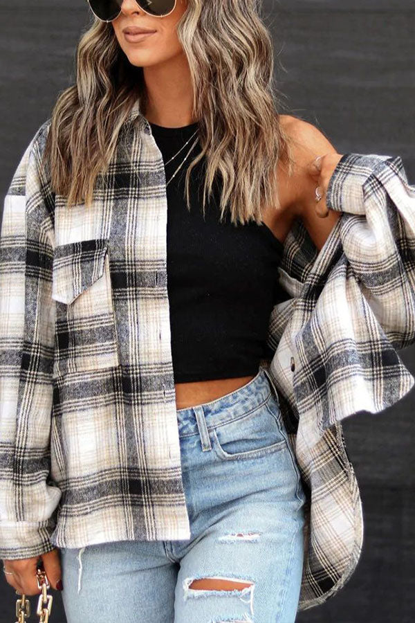 Autumn and winter long sleeve loose plaid shirt woolen coat