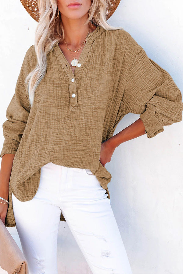 Loose Crinkle Button V Neck Henley Top