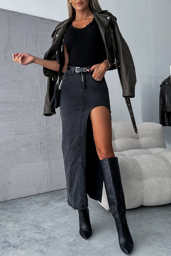 Updated Style Denim High Waisted Slit Irregular Midi Skirt