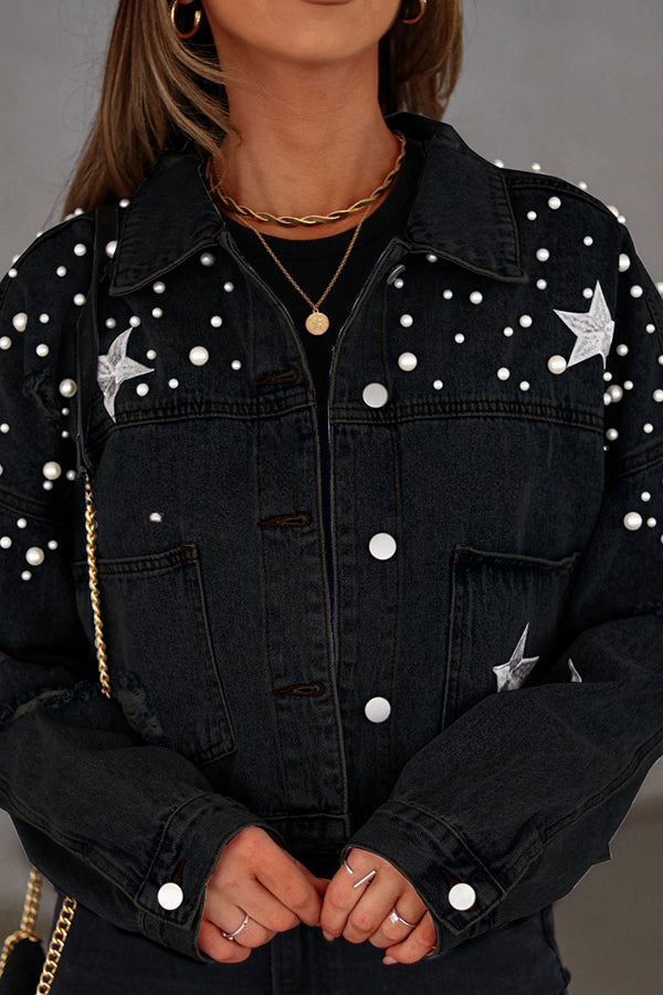 North Star Embellished Beaded Pocketed  Denim Jacket