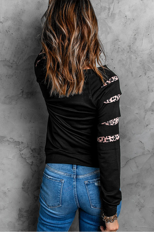 Black Leopard Peek-a-Boo Sleeve Skull Graphic Sweatshirt