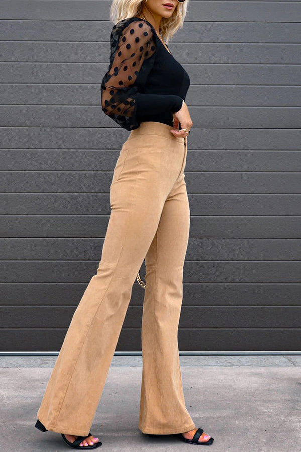 Corduroy Pockets Elastic Waist Button Wide Leg Pants