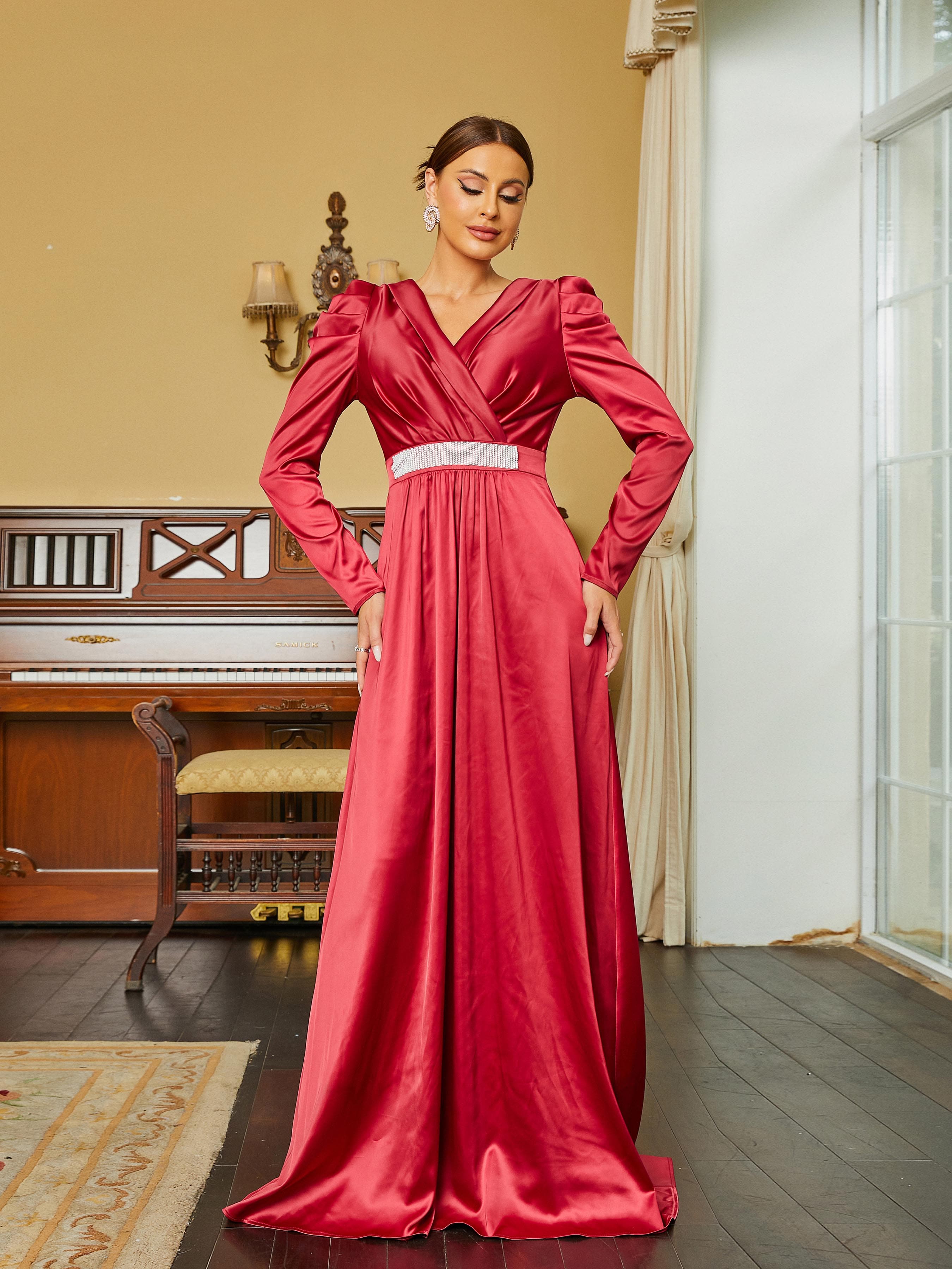 V Neck Long Sleeve Satin Maxi Wine Evening Dress RM20377