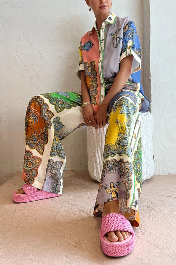 Sunny Delights Linen Blend Mermaid Print Elastic Waist Pocketed Wide Leg Pants