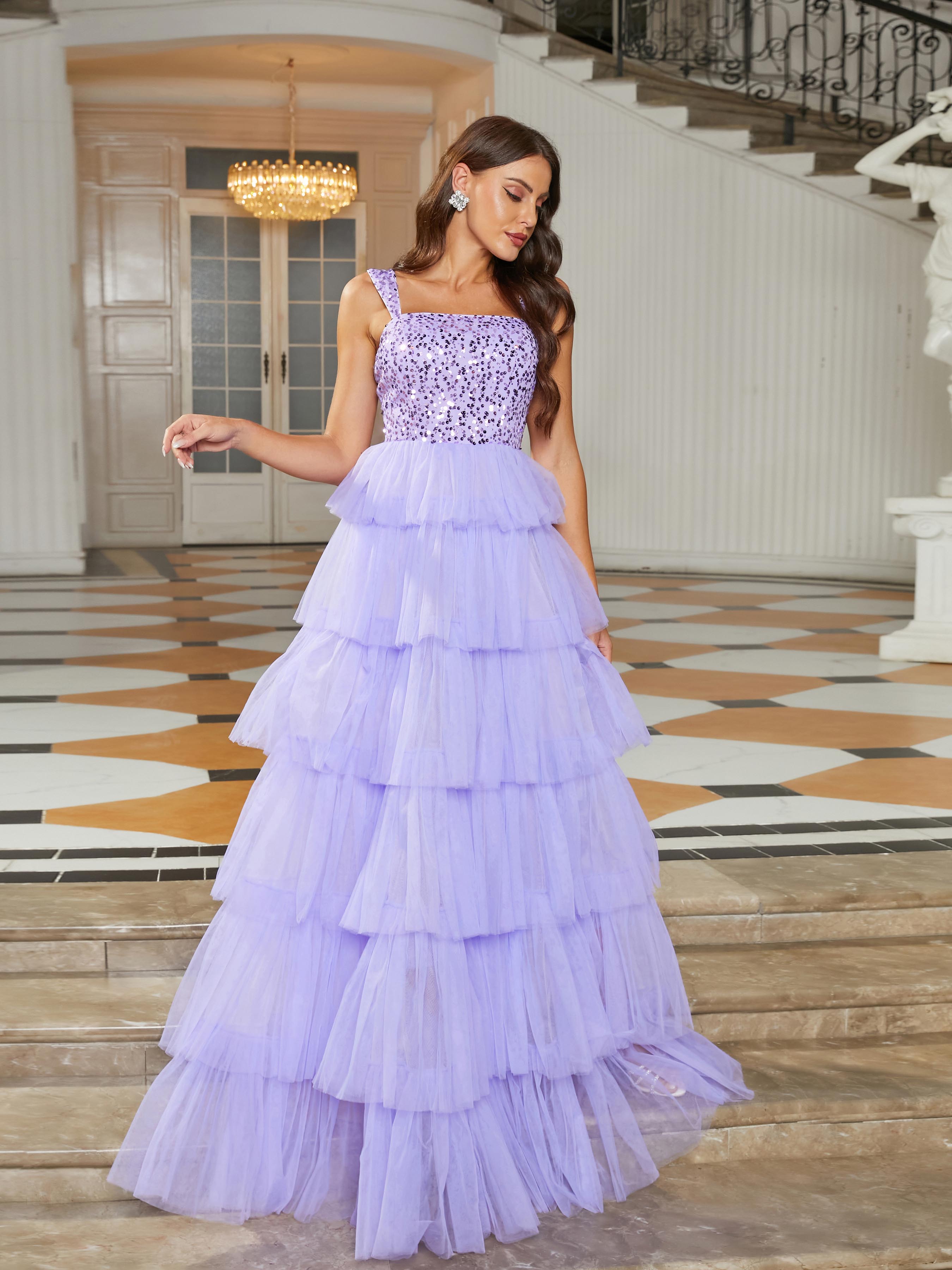 Formal Square Neck A-Line Mesh Purple Ball Gown RJ10686