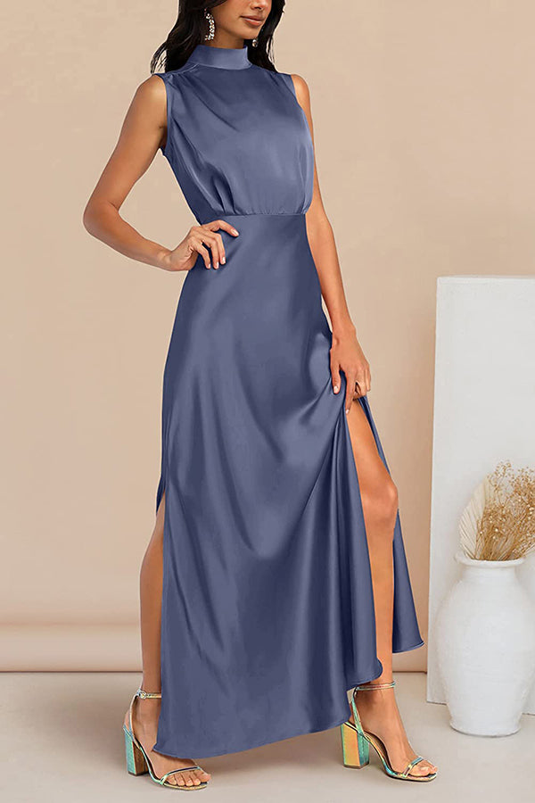 The Story of Us Satin High Neck Slit Maxi Dress