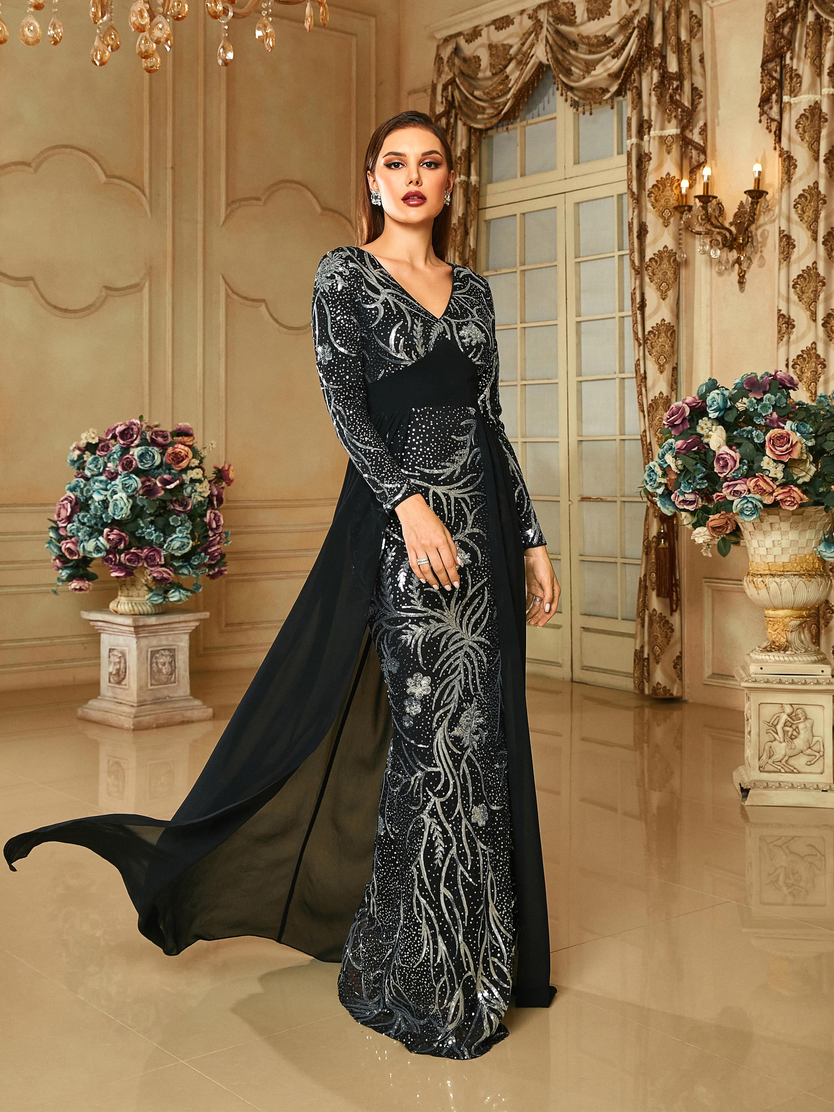 V-Neck Backless Mermaid Cloak Evening Dress RH30689