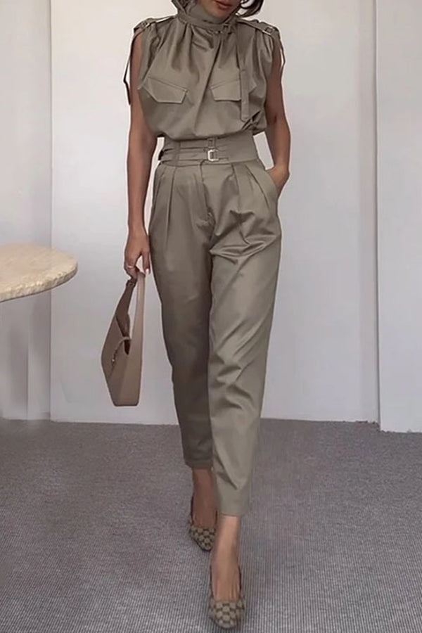 Statement Breast Pocket Top and Side Pocket Belt Long Pant Set