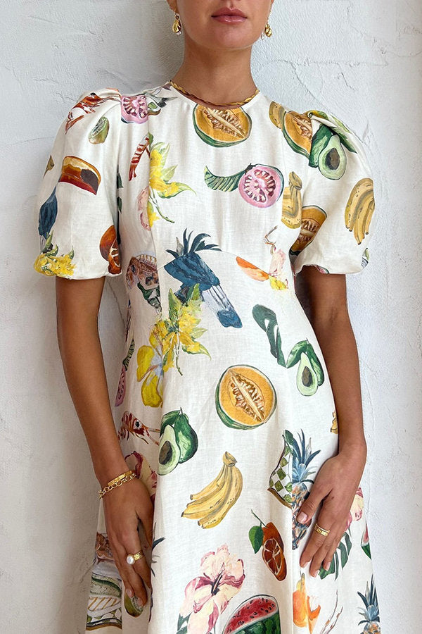 Summer Dream Linen Blend Tropical Fruit Print Puff Sleeve Midi Dress