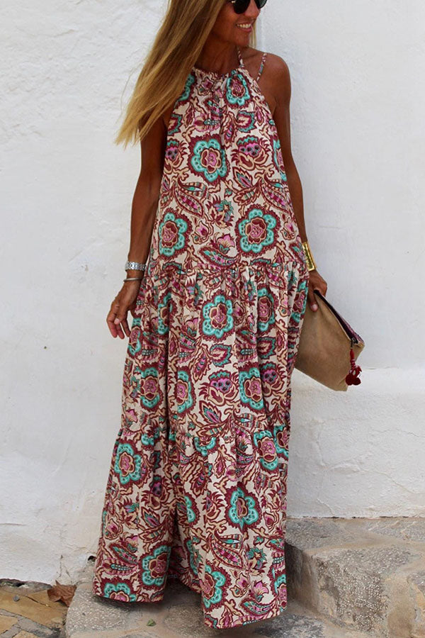 Ibiza Flowers Printed A-line Halter Maxi Dress