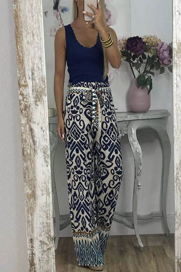 Cecilia Ethnic Print Tie Front Elastic Waist Wide Leg Pants