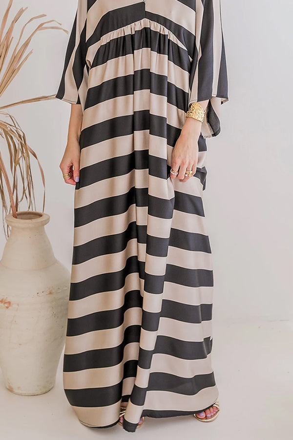 Black Striped Colorblock Flounce Sleeve Floor Length Dress