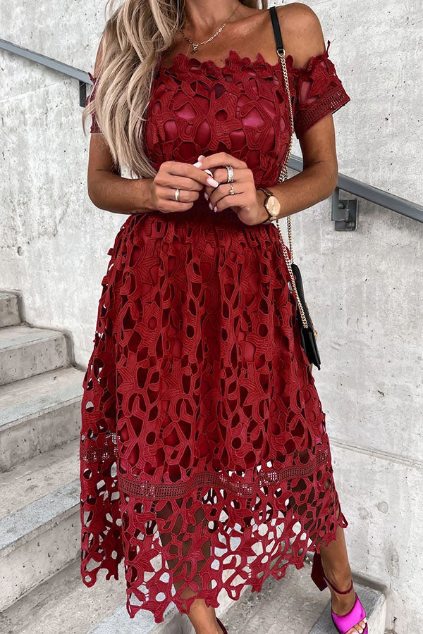 Dream Date Off Shoulder Crochet Lace Midi Dress