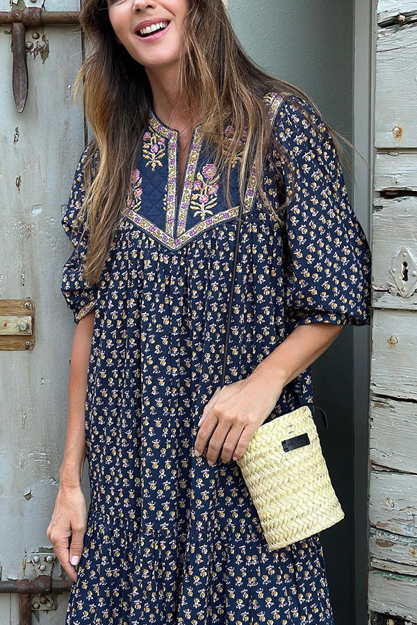 Bohemian puff sleeve pleated dress