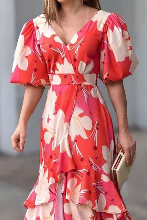 Fashionable Elegant V Neck Printed Layered Dress